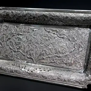 سینی نقره تک‌نفره طرح گل و مرغ کد T02