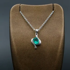 زنجیر و آویز تمام نقره آبکاری طلا سفید نگین سبزآبی کد p03