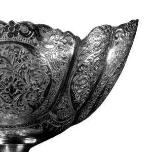 طرح و نقش دست ساز کشکول و آجیل‌خوری نقره اصفهان طرح گل و مرغ کد SK-6