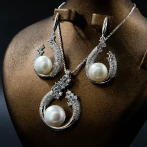 نیم ست نقره زنانه - نگین مروارید پرورشی