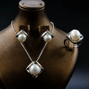 نیم ست نقره زنانه - نگین مروارید پرورشی