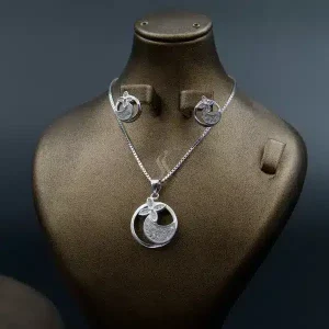 نیم ست نگین دار نقره زنانه - طرح گل چهار پر و ماه