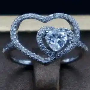 انگشتر نگین دار نقره زنانه - حلقه سولیتر طرح قلب