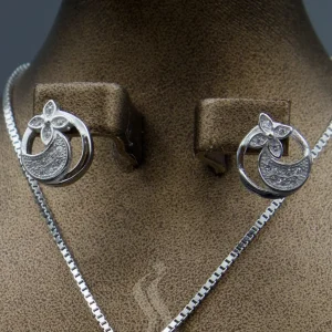 نیم ست نگین دار نقره زنانه - طرح گل چهار پر و ماه