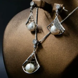 نیم ست نقره زنانه - نگین مروارید پرورشی