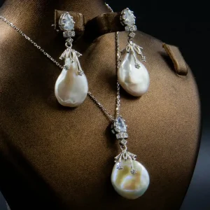 نیم ست نقره زنانه - نگین مروارید پرورشی