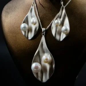 نیم ست نقره زنانه - نگین مروارید پرورشی