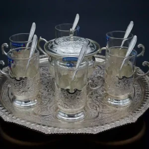 سرویس چای‌خوری تمام نقره طرح گل و مرغ اصفهان کد SA-4