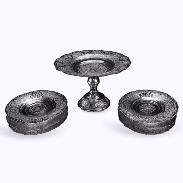 شیرینی خوری پایدار + ۶ عدد پیش دستی طرح گل و مرغ عیار ۸۴