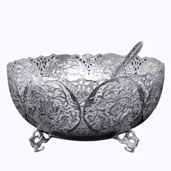 آجیل خوری پایه کوتاه نقره - طرح گل مرغ | کد SN-4 - Image 2